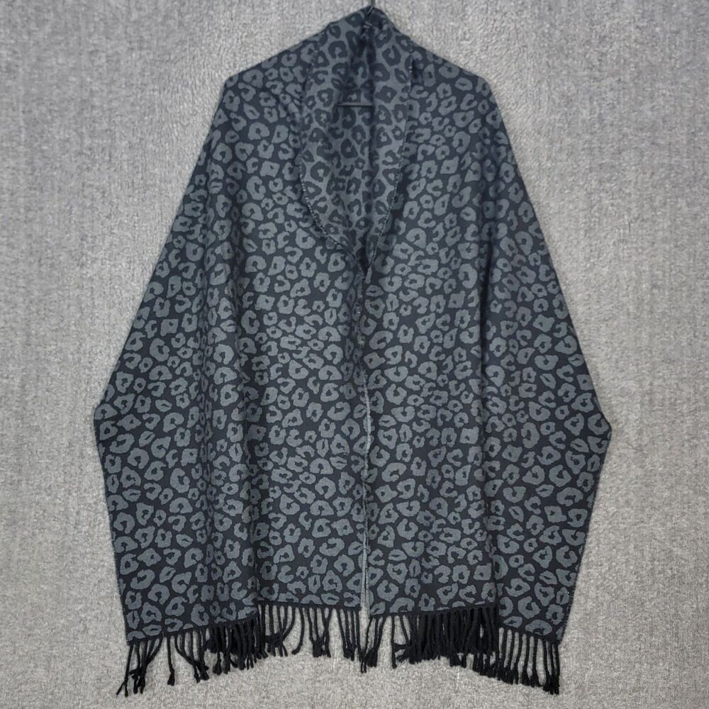 Abercrombie & Fitch Wrap Scarf Womens Gray Black Leopard Animal Print Fringed